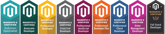Nine certification badges including Adobe Commerce Magento 2 Certified Developer