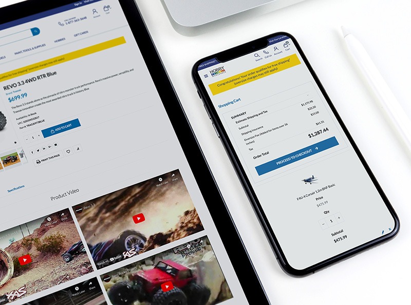 tablet and mobile device showing the Hobby Wholesale checkout screens