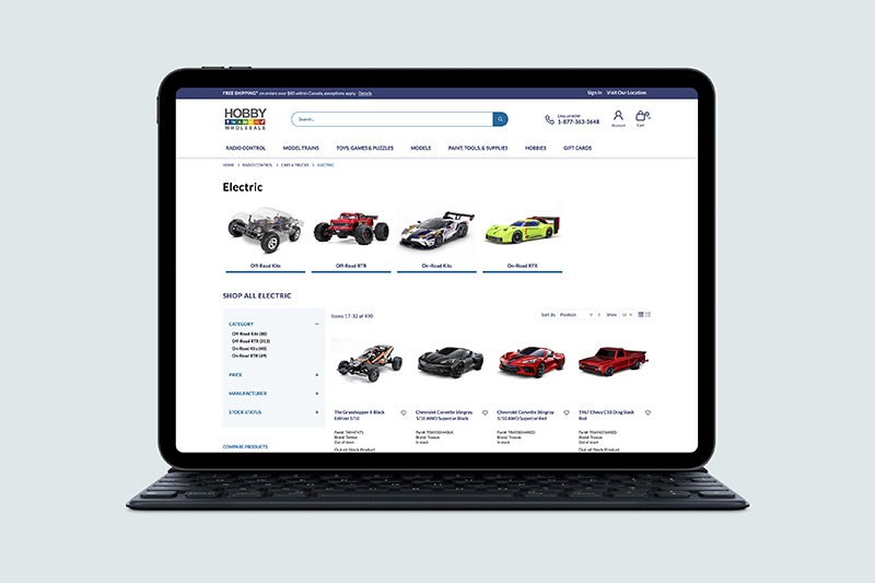 Laptop showing Hobby Wholesale product listing page