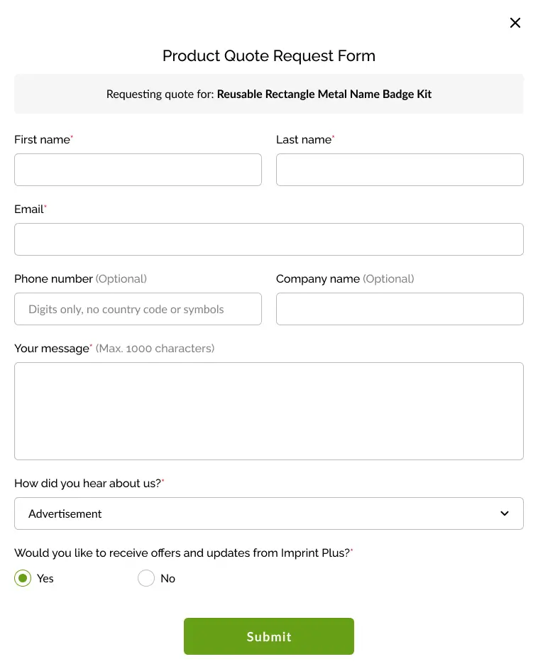 Imprint Plus B2B Ecommerce Implementation_quote form